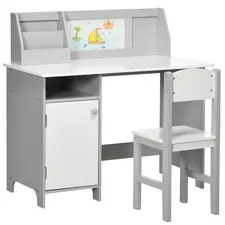 HOMCOM Kids Table and Chair Set w/ Whiteboard - Grey - 1