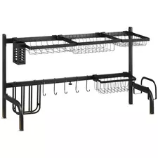 HOMCOM Space Saving 2 Tier Adjustable Dish Drainer Over The Sink Dish Drying Rack, Black - 1