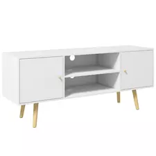 HOMCOM TV Stand Cabinet up to 55 Inches, TV Unit with Storage Shelves and Wood Legs for Living Room, Bedroom, White - 1