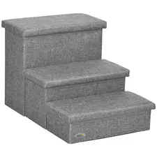 PawHut 3 Steps Pet Stairs, with Storage Boxes, for Bed, Couches - Grey - 1