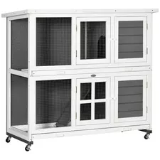 PawHut Wooden Rabbit Hutch, Two-Tier Guinea Pig Cage, with Removable Tray, Wheels - 1