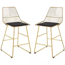 HOMCOM Set of 2 Bar Stools, Modern Counter Height Breakfast Bar Chairs with Wire Metal Frame for Kitchen, Dining Room, Gold - 1