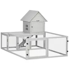 PawHut Indoor Rabbit Hutch, Guinea Pig Cage, with Slide-Out Tray, Large Fenced Area - Light Grey - 1