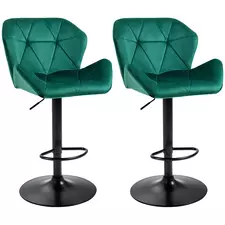 HOMCOM Bar Stools Set Of 2, Velvet-Touch Barstools with Metal Frame Footrest and Adjustable Height, Green - 1