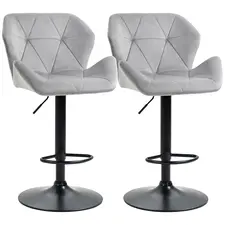 HOMCOM Bar Stools Set Of 2, Luxurious Velvet-Touch Barstools with Metal Frame Footrest Round Base Triangle Indenting Moulded Seat Adjustable Height Swivel Grey - 1