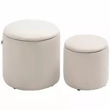 HOMCOM Set of 2 Round Ottoman with Storage, Fabric Vanity Stool for Makeup, Footrest Stool with Removable Lid for Living Room & Bedroom, Cream White - 1