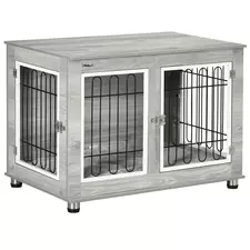 PawHut Dog Crate Furniture End Table, with Washable Cushion, Double Doors, for Medium/Large Dogs, Grey - 1