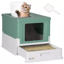 PawHut Hooded Cat Litter Box, Portable Pet Toilet, with Scoop, Front Entry - Green - 1