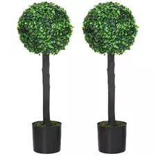 HOMCOM Set of 2 Artificial Plants Boxwood Ball Trees in Pot Fake Plants for Home Indoor Outdoor Decor, 20x20x60cm, Green - 1