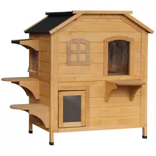 PawHut 2-story Cat House Outdoor, Weatherproof Wooden Cat Enclosure for Feral Cats with Escape Door, Openable Roof, Jumping Platforms, Natural Wood Finish - 1