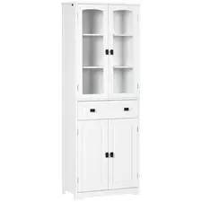 HOMCOM Kitchen Cupboard, Freestanding Storage Cabinet with 2 Adjustable Shelves, Drawer and Glass Door for Living Room, Dining Room, 160cm, White - 1