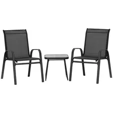 Outsunny 3 Pieces Outdoor Bistro Set, Patio Stackable Armchairs with Breathable Mesh Fabric and SPC Board Coffee Table, Black - 1