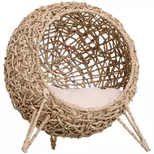 PawHut Wicker Cat Bed, Ball-Shaped Rattan Elevated Cat Basket with Three Tripod Legs, Cushion - Natural Wood Finish - 1