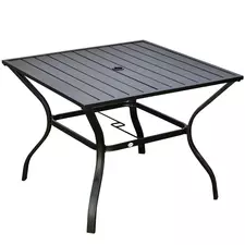 Outsunny 94 x 94 cm Garden Table with Parasol Hole, Outdoor Dining Garden Table for Four with Slatted Metal Plate Top, Black - 1