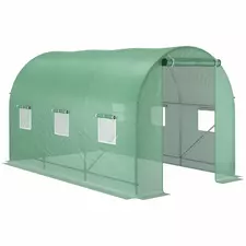 Outsunny 3.5 x 2m Walk-In Polytunnel Greenhouse, with Steel Frame, PE Cover, Roll-Up Door and 6 Windows, Green - 1