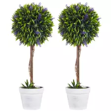 HOMCOM Set of 2 Decorative Artificial Plants Ball Trees with Lavender Flowers in Pot Fake Plants for Home Indoor Outdoor Decor, 60cm, Green - 1