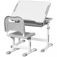 HOMCOM Kids Desk and Chair Set, Student Adjustable Writing Desk, with Drawer, Pen Slot, Hook - Grey - 1