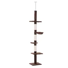 PawHut Floor to Ceiling Cat Tree 230-260cm Height Adjustable, 5-Tier Cat Tower with Scratching Posts, Hammock, Perches, Climbing Activity Centre for Indoor Kittens Playing and Relaxing, Brown - 1