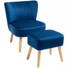 HOMCOM Velvet Accent Chair Occasional Tub Seat Padding Curved Back w/ Ottoman Wood Frame Legs Home Furniture, Dark Blue - 1