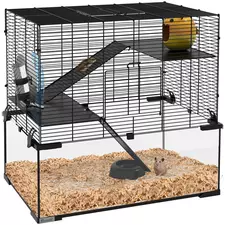 PawHut 3 Tiers Hamster Cage, Gerbil Cage with Deep Glass Bottom, Non-Slip Ramps, Platforms, Hut, Exercise Wheels, Water Bottle, Dish, for Syrian Hamster, Dwarf Hamster, 60 x 40 x 54.5cm - 1