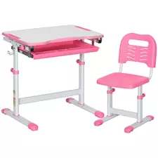 HOMCOM Kids Desk and Chair Set, Student Adjustable Writing Desk, with Drawer, Pen Slot, Hook - Pink - 1