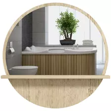 kleankin 45cm Round Home Mirror, with Shelf - Natural Wood Effect - 1