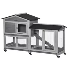 PawHut Wooden Rabbit Hutch, Guinea Pig Cage, with Wheels, Run, Slide-Out Tray, Ramp - 1