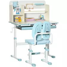HOMCOM Kids Desk and Chair Set, with Storage Shelves, Washable Cover, for Ages 3-12 Years - Blue - 1