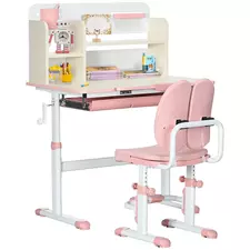 HOMCOM Kids Desk and Chair Set, with Storage Shelves, Washable Cover, for Ages 3-12 Years - Pink - 1