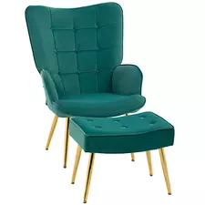 HOMCOM Modern Armchair with Footstool, Upholstered Accent Chair with Ottoman, Steel Legs, Velvet Wingback Chair for Living Room, Bedroom, Home Study, Dark Green - 1