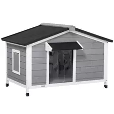 PawHut Wooden Dog Kennel for Outside, for Medium Dogs, 72H x 109L x 79Wcm, Grey - 1