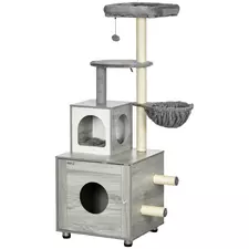 PawHut Enclosed Cat Litter Box with Cat House, Cat Bed, Scratching Posts, Platforms, for Indoor Cats - Grey - 1