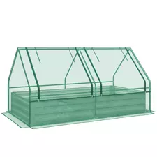 Outsunny Metal Planter Box with Cover, Raised Garden Bed with Greenhouse, for Herbs and Vegetables, Green and Dark Grey - 1