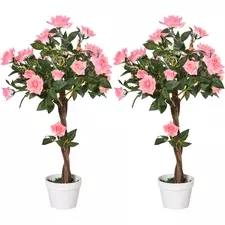 Outsunny Set of 2 Artificial Plants Pink Rose Floral in Pot, Fake Plants for Home Indoor Outdoor Decor, 90cm - 1