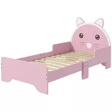 ZONEKIZ Bed for Kids Cat Design Toddler Bed Frame Bedroom Furniture with Guardrails, for 3-6 Years, 143L x 74W x 72Hcm - Pink - 1