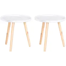 HOMCOM Coffee Table, Carved Floral Round Table with Tray-style Top and Wood Legs, Modern Side Table for Living Room, Set of 2, White - 1