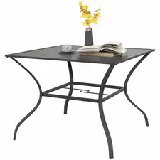 Outsunny 94 x 94 cm Garden Table with Parasol Hole, Outdoor Dining Garden Table for Four with Slatted Metal Plate Top, Dark Grey - 1