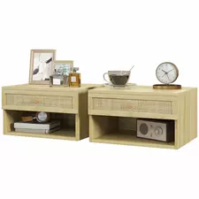 HOMCOM Set of Two Rattan Panel Floating Bedside Tables - Wood-Effect - 1