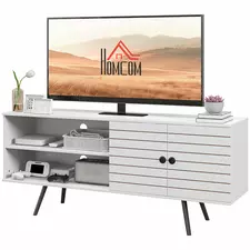 HOMCOM TV Stand with Cupboard, Open Shelves, Striped Doors, Wooden legs, White - 1