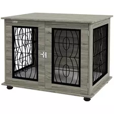 PawHut Indoor Dog Crate Furniture End Table with Soft Washable Cushion, Lockable Front Door, for Medium Dogs - Black - 1