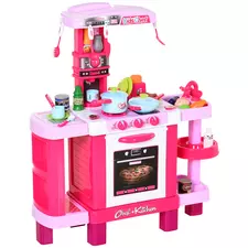 HOMCOM 38 Pcs Kids Children Kitchen Play Set w/ Realistic Sounds Lights Food Utensils Pots Pans Appliances Toy Game Pink - 1