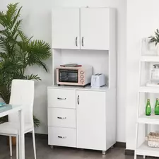 HOMCOM 183.5cm Free standing Kitchen Cupboard, Storage Cabinet with Doors and Sheleves, 3 drawers and Open Space, Adjustable Height Storage Unit, White - 1