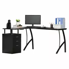 HOMCOM L-Shaped Computer Desk Table with Storage Drawer, Home Office Desk Corner Industrial Style Workstation for A4 Files 143.5 x 143.5 x 76cm, Black - 1