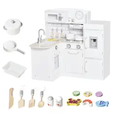 HOMCOM Kids Play Kitchen Wooden Toy Kitchen Cooking Set for Children with Drinking Fountain, Microwave, and Fridge White - 1