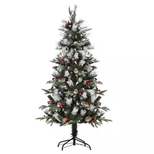 HOMCOM 5FT Artificial Snow Dipped Christmas Tree Xmas Pencil Tree Holiday Home Party Decoration with Foldable Feet Red Berries White Pinecones, Green - 1