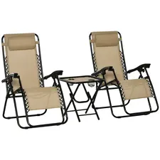 Outsunny Folding Zero Gravity Chairs, 3 Pieces Adjustable Sun Lounger and Table Set with Cup Holder and Headrest, Patio Bistro Set with Reclining Garden Chairs for Outdoor, Beige - 1
