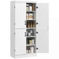 HOMCOM 4-Door Tall Kitchen Cupboard, Freestanding 6-Tier Storage Cabinet with 2 Adjustable Shelves for Living Room, Dining Room, White - 1
