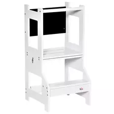 HOMCOM 2 in 1 Kids Kitchen Step Stool with Safety Rail Toddler Steps with Chalkboard for Kitchen Bathroom, White - 1
