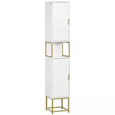 kleankin Narrow Bathroom Storage Cabinet, Freestanding Tallboy Storage Unit with Adjustable Shelf, 2 Doors and Steel Base, Slim Corner Organizer, White - 1