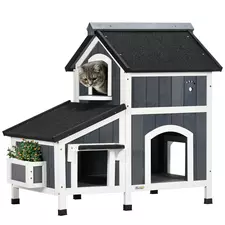 PawHut Wooden Cat House with Flower Pot, Windows, Multiple Entrances, Water-Resistant Roof for Outdoor - Grey - 1